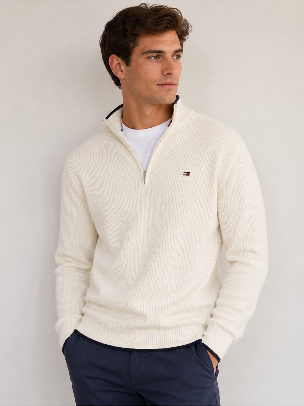 Tommy Hilfiger Ivory Half-Zip Mock Neck Sweater Size Large